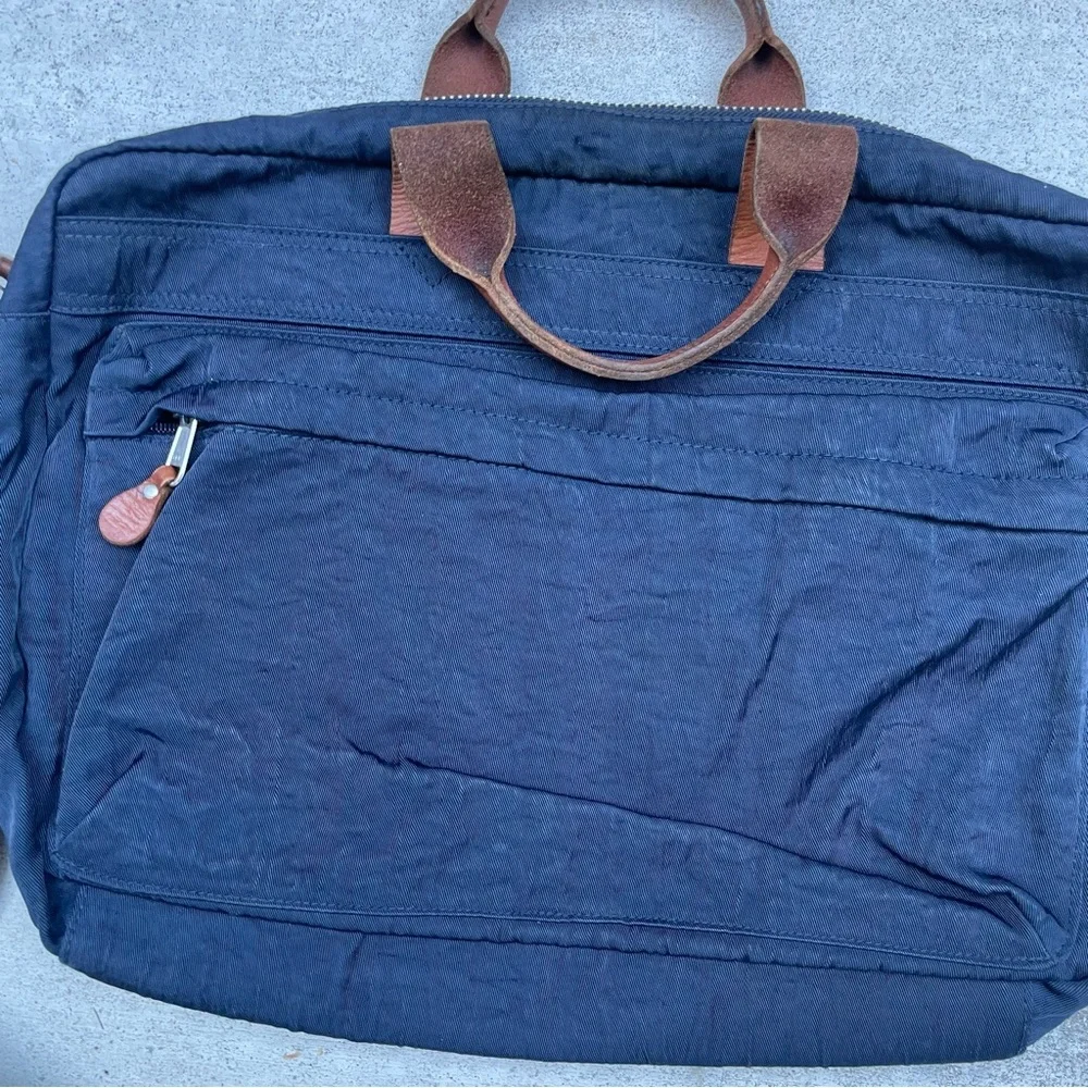 J. Crew Navy Canvas Laptop Brief with Brown Trim and Tan Strap
